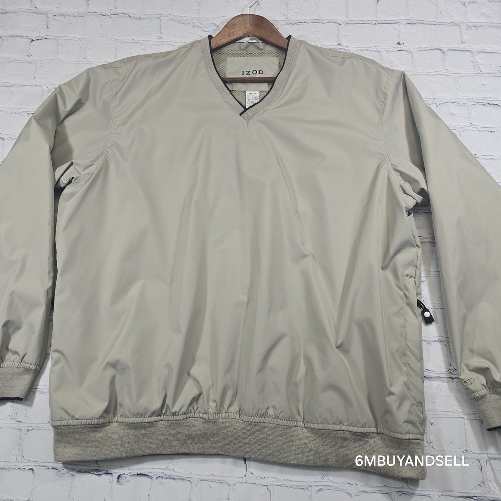 Izod Golf Mens XL V-Neck Windbreaker Pullover‎ Tan Khaki Mesh Lined Jacket L/S